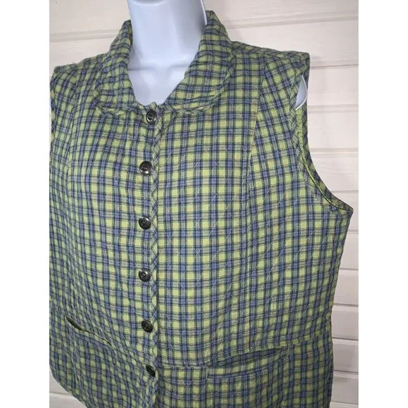 Christopher & Banks Sz LARGE Vest Cotton Green Plaid Button Front Quilted EUC - Picture 1 of 9